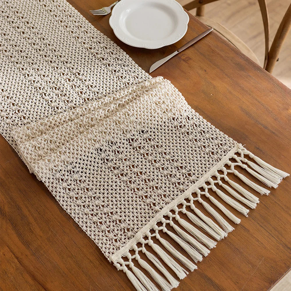 1pc Beige Boho Table Runner with Tassels Hand Woven Cotton Table Runner Rustic Farmhouse Table Runners for Kitchen Dining Table