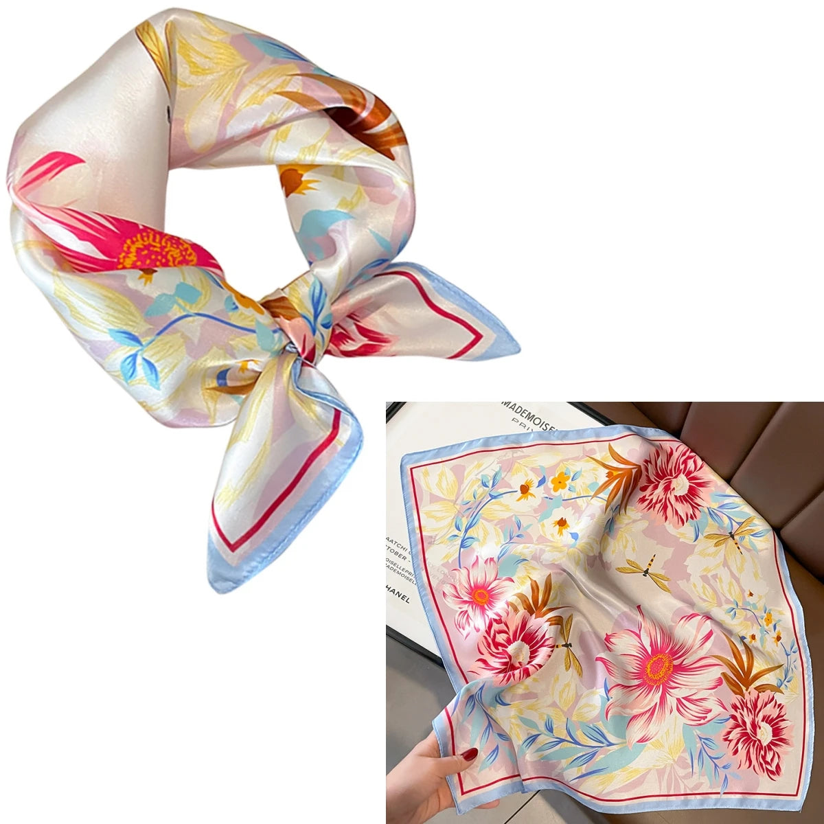 Women 100% Mulberry Real Silk Scarf 53cm Luxury Kerchief Spring Autumn Neckerchief Brand Headband Flowers Hijab Handbag Decorate