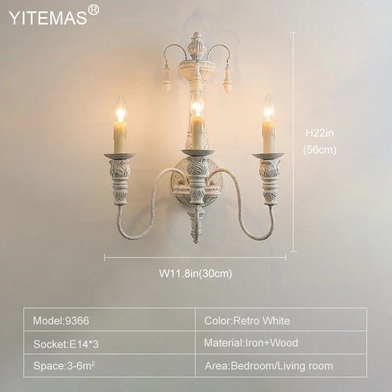 3 Lights Wooden Wall Lamp Retro White Wall Sconce French Country Wall Lights For Living Room Bedroom Stairs Interior Lighting