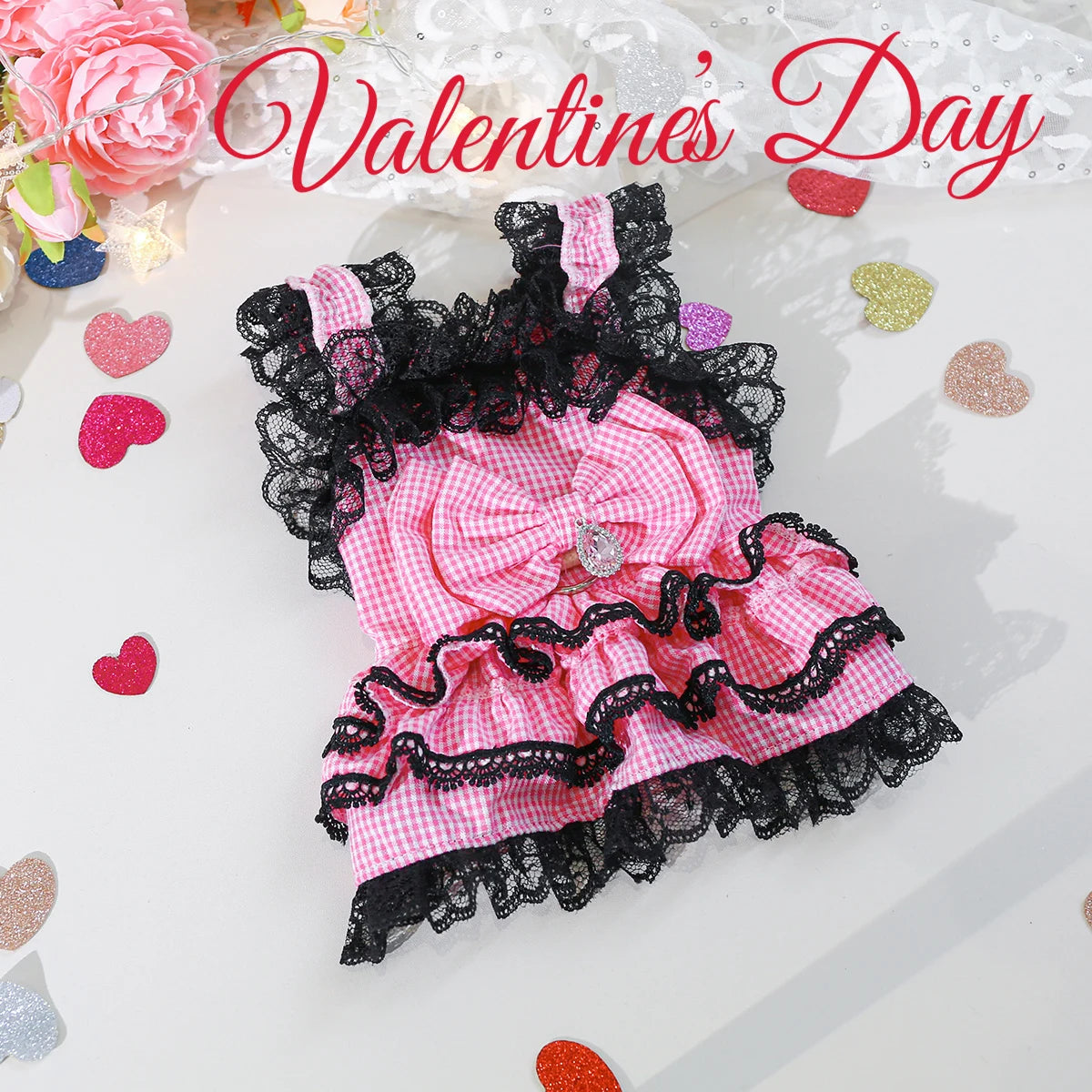 Bobo Pink Dress Pet Clothes Dog Cat Summer Thin Black Lace Suspender Princess Dress
