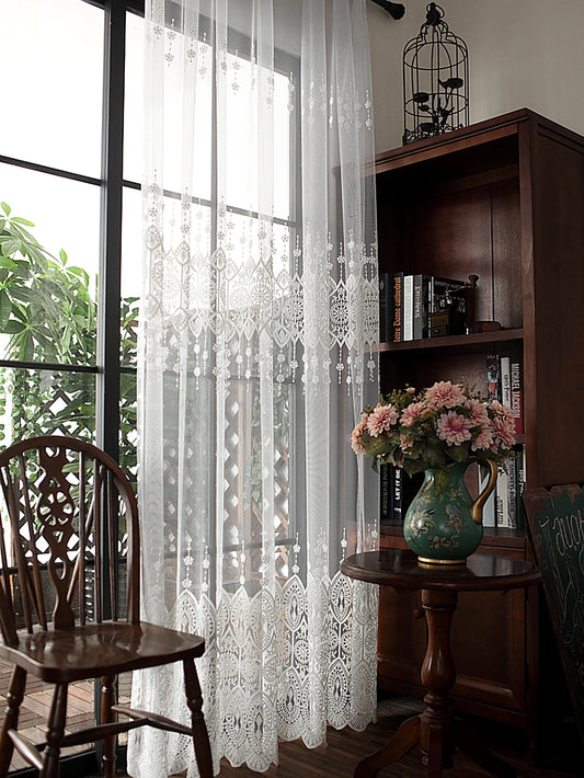 1PC Romantic Style White Embroidery Sheer Curtain For The Living Room，Rod Pocket Voile Suitable For Decoration of Bedroom Window