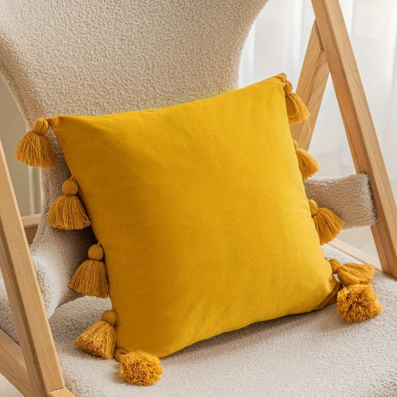 1pc, Cute Boho Style Decorative Throw Pillow Covers With Handmade10 Tassels, 17.7 Inch Soft Velvet For Sofa Car Home Decor