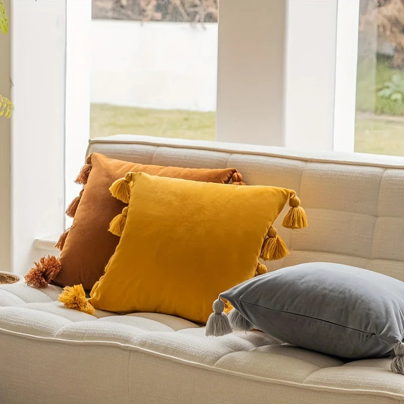 1pc, Cute Boho Style Decorative Throw Pillow Covers With Handmade10 Tassels, 17.7 Inch Soft Velvet For Sofa Car Home Decor