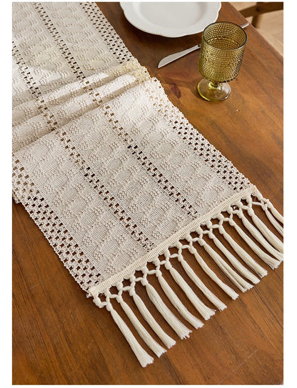 1pc Beige Boho Table Runner with Tassels Hand Woven Cotton Table Runner Rustic Farmhouse Table Runners for Kitchen Dining  Table