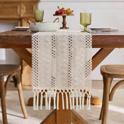 1pc Beige Boho Table Runner with Tassels Hand Woven Cotton Table Runner Rustic Farmhouse Table Runners for Kitchen Dining  Table