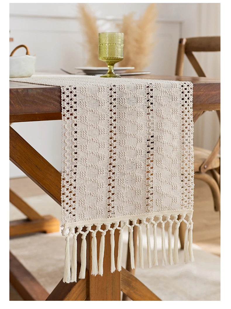 1pc Beige Boho Table Runner with Tassels Hand Woven Cotton Table Runner Rustic Farmhouse Table Runners for Kitchen Dining  Table