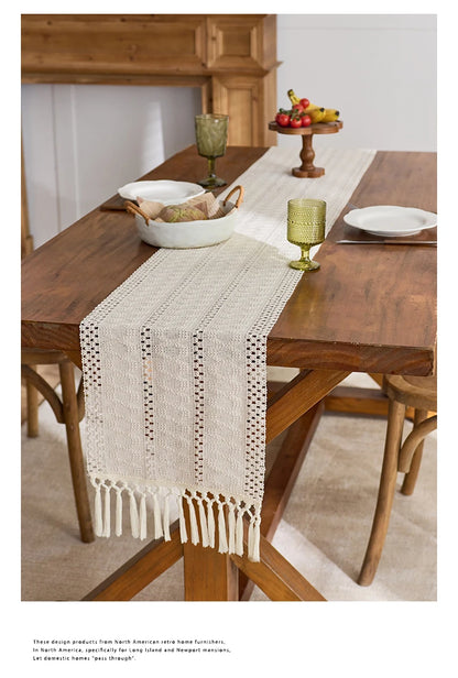 1pc Beige Boho Table Runner with Tassels Hand Woven Cotton Table Runner Rustic Farmhouse Table Runners for Kitchen Dining  Table