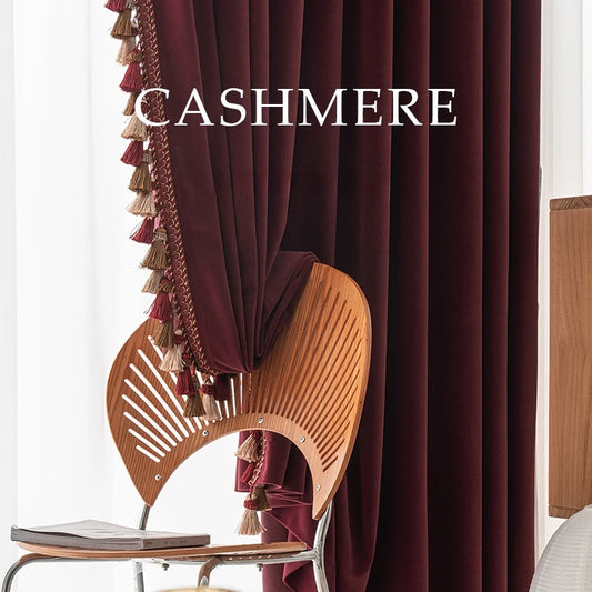 Custom Size European Style Tassel Burgundy Velvet Curtains for Living Room Bedroom Dining Window Decor Luxury Blackout Decor