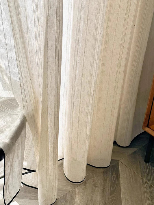 French ancient style curtains with black edge linen striped cream retro Japanese log deluxe balcony living room