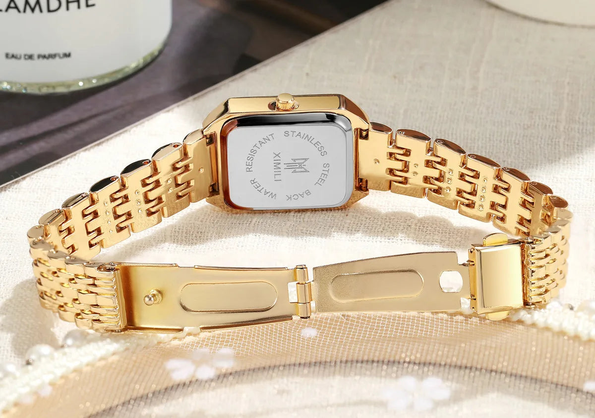 Women Watches Business Luxury Ladies Fashion Quartz Watch Simple Scale Square Quality Gold Plated Stainless Steel Folding Clock