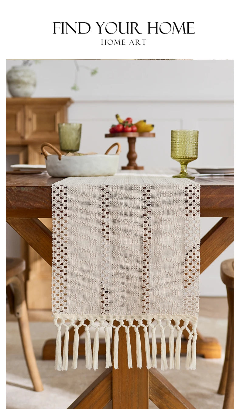 1pc Beige Boho Table Runner with Tassels Hand Woven Cotton Table Runner Rustic Farmhouse Table Runners for Kitchen Dining  Table