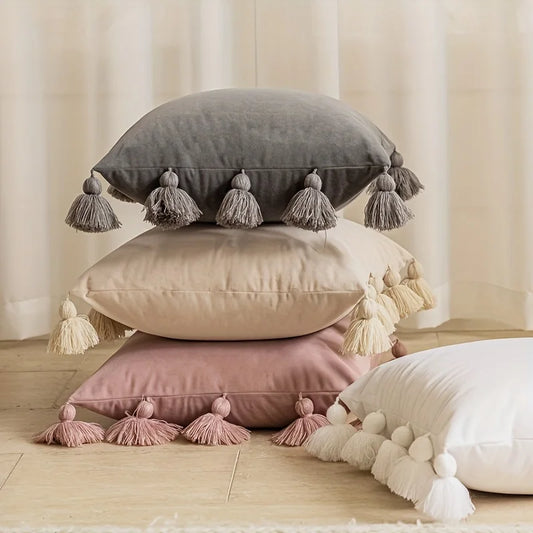 1pc, Cute Boho Style Decorative Throw Pillow Covers With Handmade10 Tassels, 17.7 Inch Soft Velvet For Sofa Car Home Decor