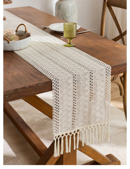 1pc Beige Boho Table Runner with Tassels Hand Woven Cotton Table Runner Rustic Farmhouse Table Runners for Kitchen Dining  Table