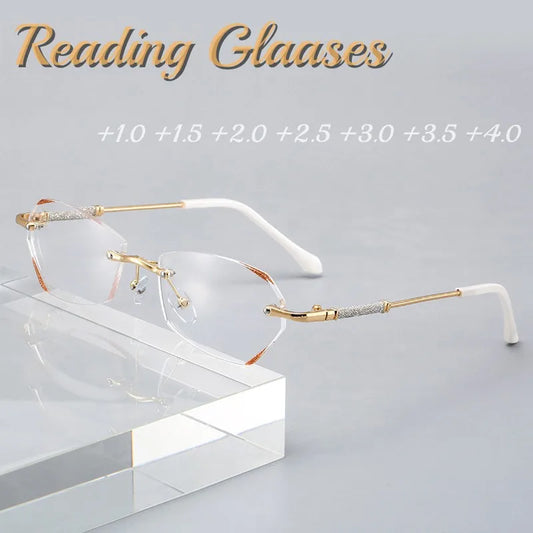 Luxury Diamond Cut Reading Glasses Rimless Women Presbyopia  Anti Blue Light Finished Optical Eyewear Diopter +1.0 To +4.0