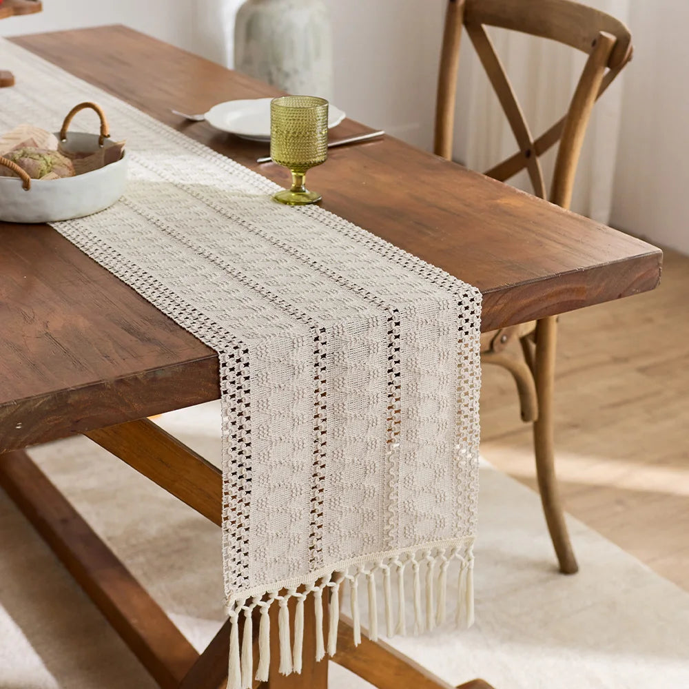 1pc Beige Boho Table Runner with Tassels Hand Woven Cotton Table Runner Rustic Farmhouse Table Runners for Kitchen Dining  Table