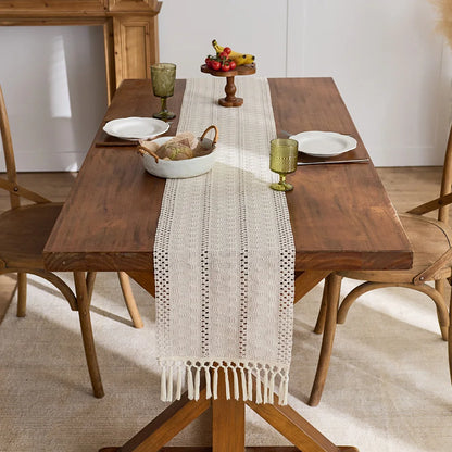 1pc Beige Boho Table Runner with Tassels Hand Woven Cotton Table Runner Rustic Farmhouse Table Runners for Kitchen Dining  Table