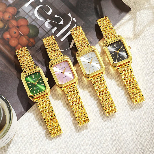Women Watches Business Luxury Ladies Fashion Quartz Watch Simple Scale Square Quality Gold Plated Stainless Steel Folding Clock